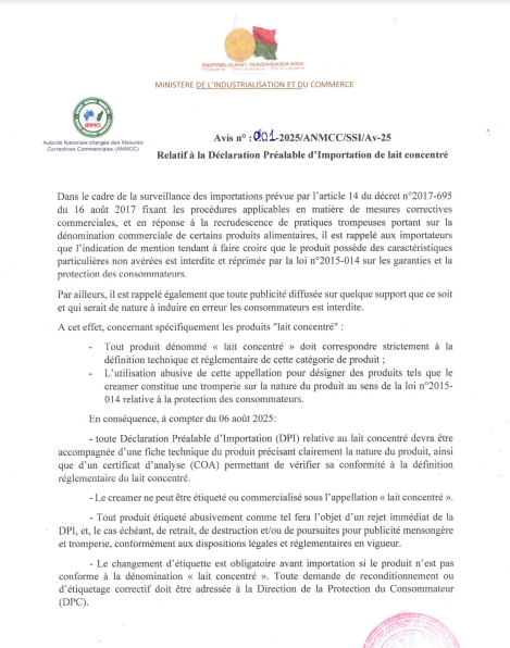 AVIS DPI LAIT CONCENTRE