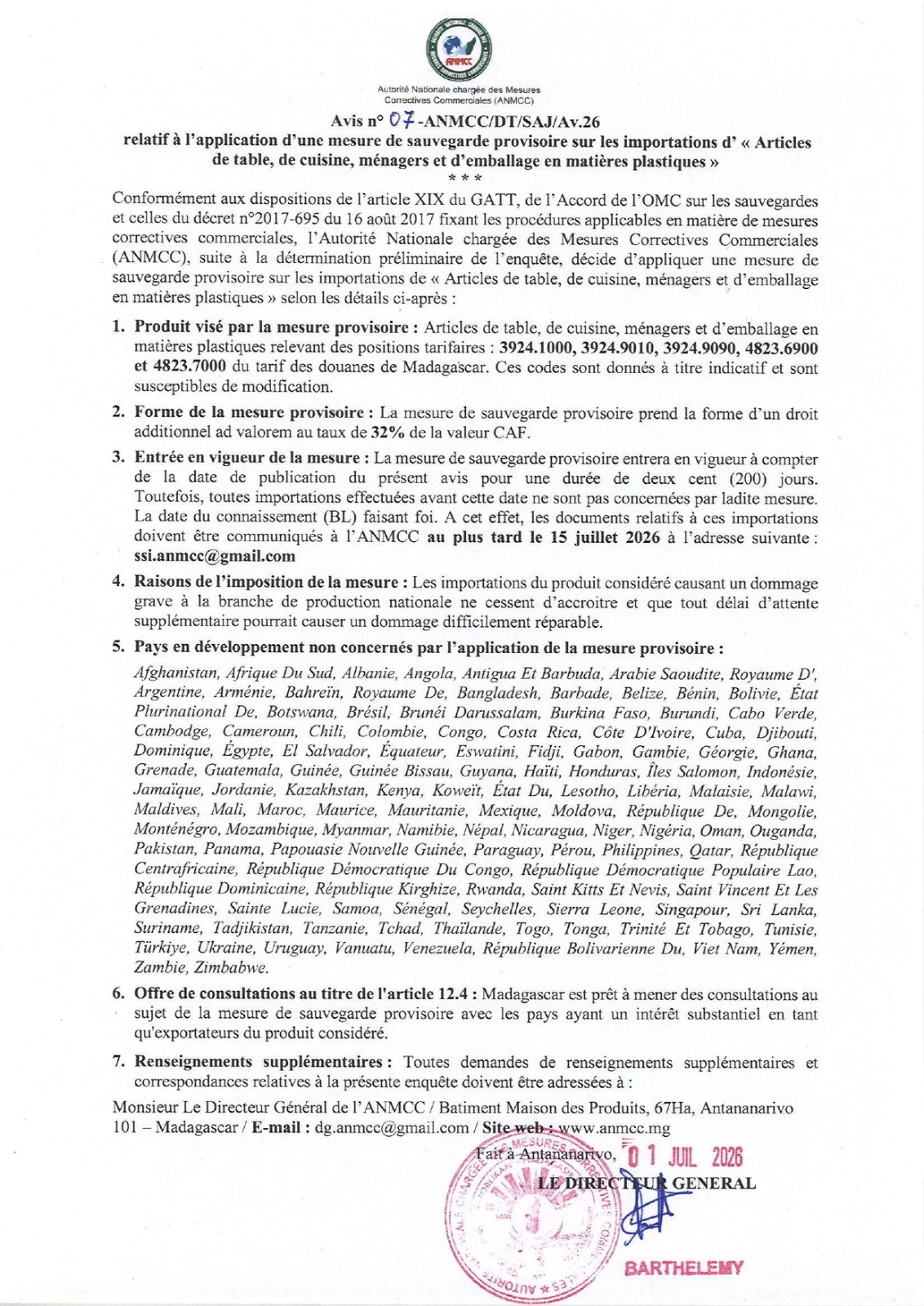 MESURE PROVISOIRE SUR ARTICLE DE TABLE CUISINE MENAGERS ET EMBALLAGES